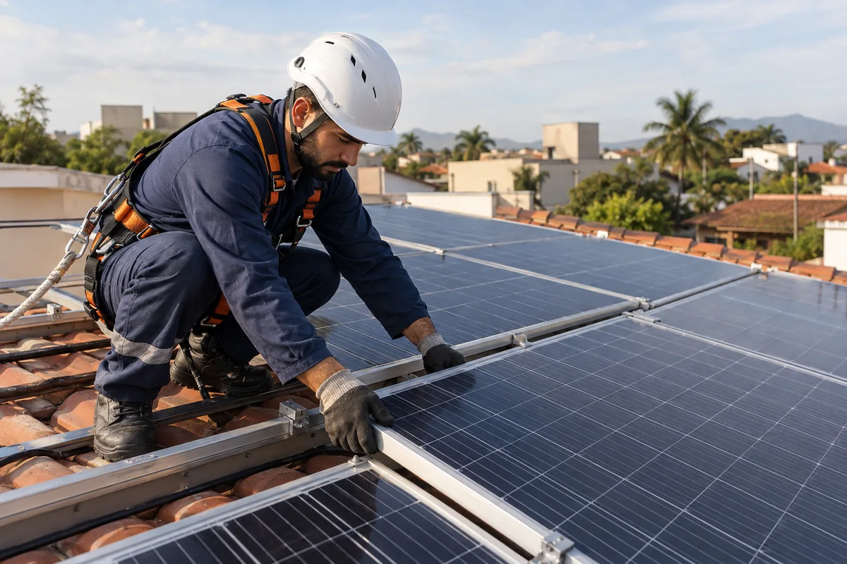 Instalador com equipamentos de proteção ajustando um painel solar em uma cobertura residencial