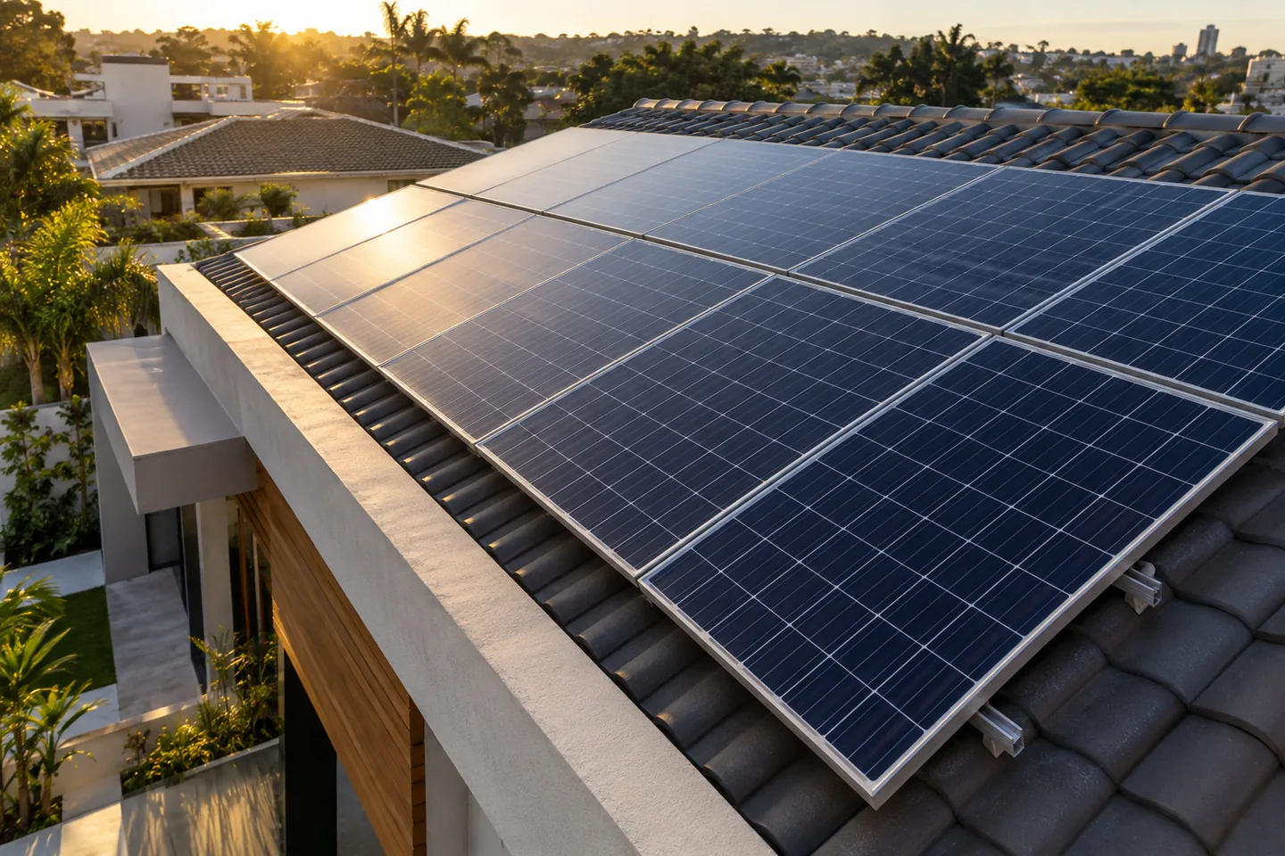 Painéis de energia solar instalados no telhado de uma residência brasileira ao fim da tarde